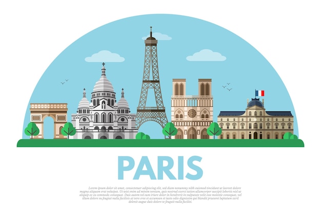 Plantilla de banner de la ciudad de parís con ilustración de notre dame de la torre eiffel con espacio de texto monumentos famosos de europa y elementos de diseño de dibujos animados de atracciones turísticas