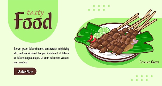 Plantilla de banner de comida sabrosa de satay de pollo de comida indonesia
