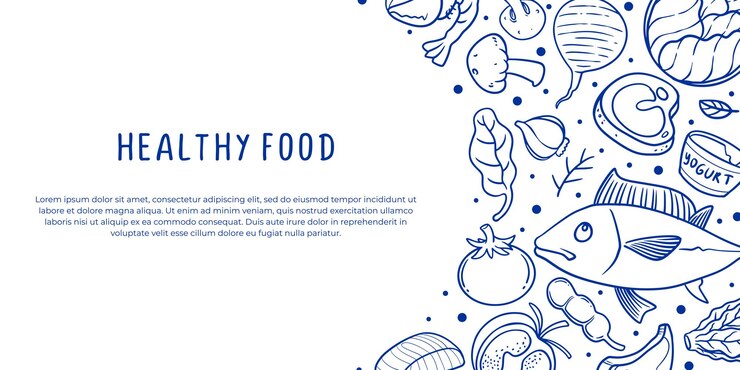 plantilla de banner de comida saludable comida de nutrición saludable dibujo de Doodle