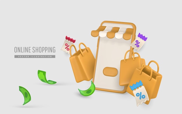 Plantilla de banner de compras en línea en teléfono de estilo de dibujos animados con aplicación de compras ilustración vectorial