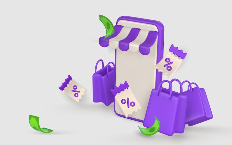 Vector plantilla de banner de compras en línea en teléfono de estilo de dibujos animados con aplicación de compras ilustración vectorial