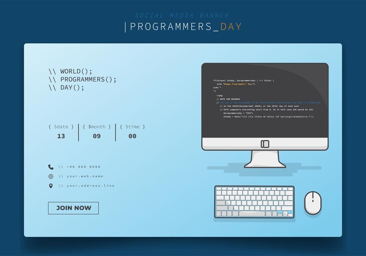 Vector plantilla de banner con computadora en diseño de dibujos animados para el diseño del día internacional de los programadores