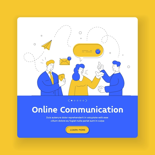 Plantilla de banner de comunicación online. Ilustración de arte de línea plana de hombres y mujeres contemporáneos que usan teléfonos inteligentes para enviar y leer mensajes durante la comunicación en línea