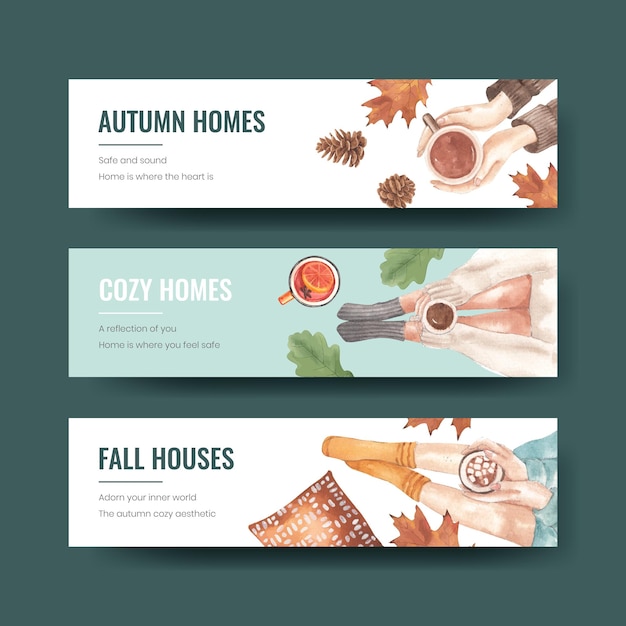 Plantilla de banner con concepto acogedor de casa de otoño, estilo acuarela