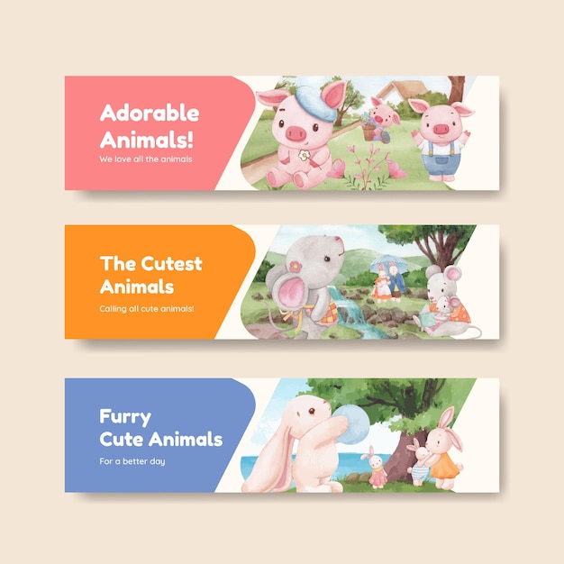 Plantilla de banner con concepto de animales adorables, estilo acuarela