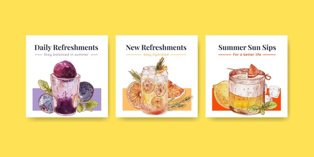 Plantilla de banner con concepto de bebidas refrescantes, estilo acuarela