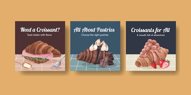 Plantilla de banner con concepto de croissant, estilo acuarela