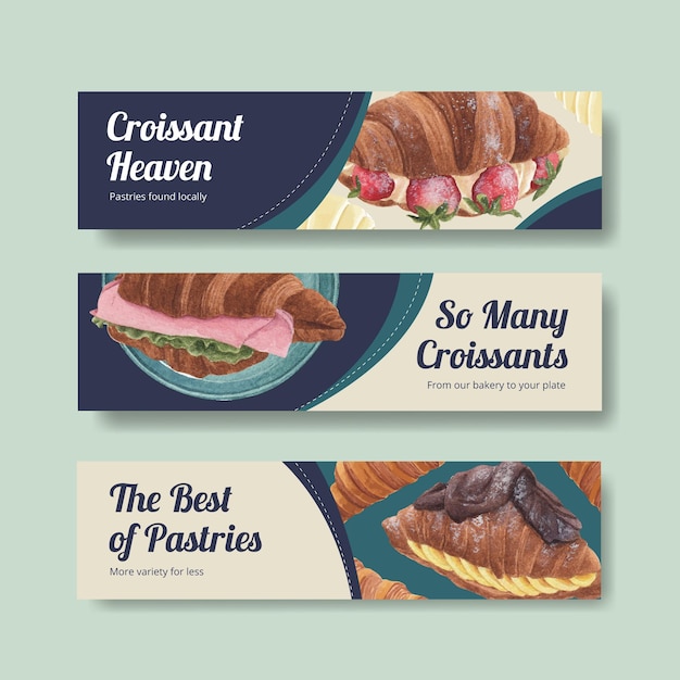Vector plantilla de banner con concepto de croissant, estilo acuarela