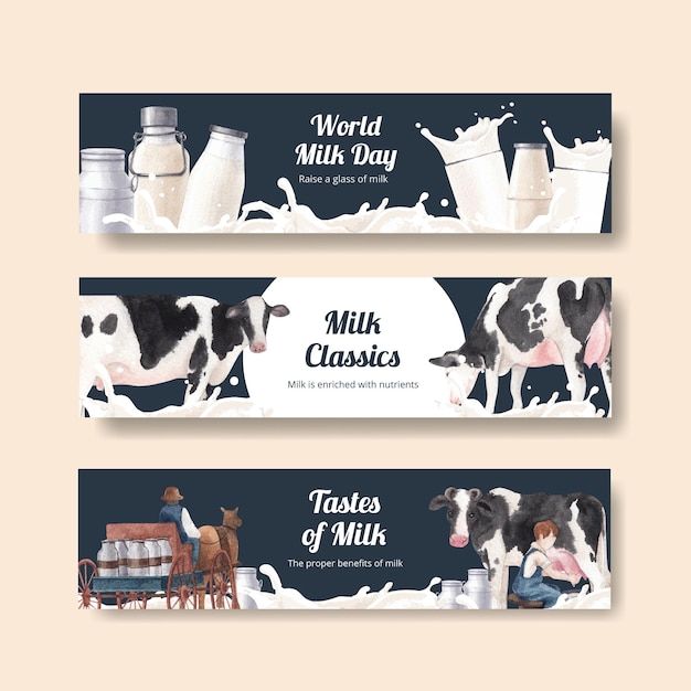 Vector plantilla de banner con concepto del día mundial de la leche, estilo acuarela
