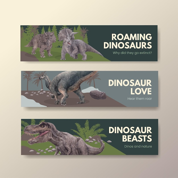 Vector plantilla de banner con concepto de dinosaurio, estilo acuarela