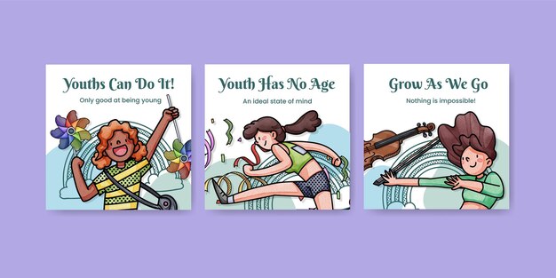 Plantilla de banner con concepto de diversión juvenil feliz estilo acuarela