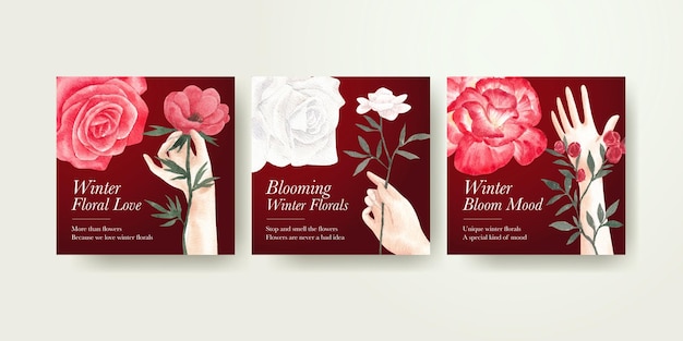 Plantilla de banner con concepto floral de invierno, estilo acuarela