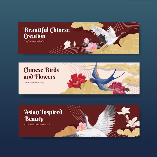 Plantilla de banner con concepto de pájaro y flor china, estilo acuarela