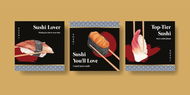 Plantilla de banner con concepto de sushi premium, estilo waterolor