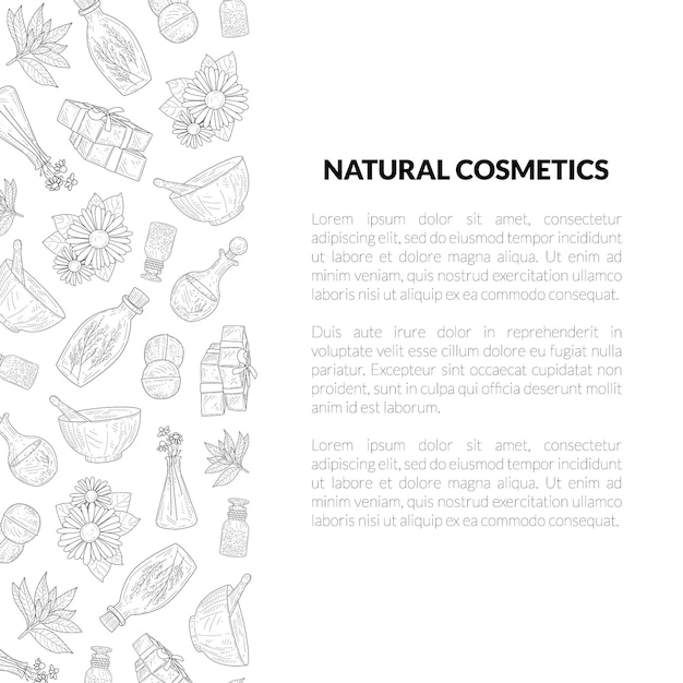 Vector plantilla de banner de cosméticos naturales con lugar para su texto elementos cosméticos ecológicos orgánicos ilustración vectorial dibujada a mano sobre fondo blanco