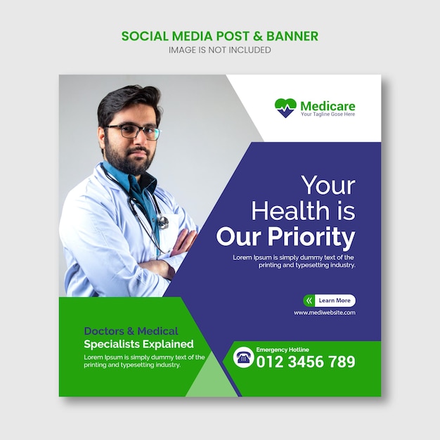 Plantilla de banner cuadrado de instagram de publicación de redes sociales médicas Vector Premium