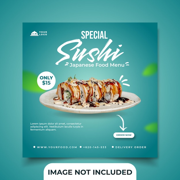 Plantilla de banner cuadrado de publicación de redes sociales de sushi especial de comida japonesa vector premium