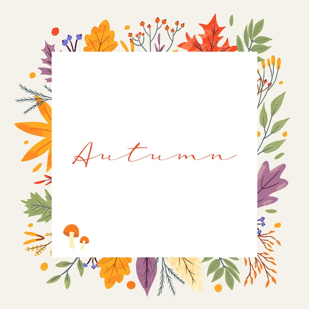 Plantilla de banner decorada con texto y elementos de moda de otoño. caída de hojas de bayas y setas. Conjunto de bloc de notas de elementos de la temporada de otoño. Ilustración de vector plano natural para publicidad, promoción