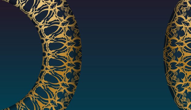 Plantilla de banner degradado azul con patrón dorado vintage para diseño de logotipo o texto