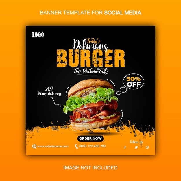 Plantilla de banner delicioso para hamburguesa de menú de comida de redes sociales