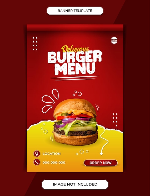 Una plantilla de banner de un delicioso menú de hamburguesas para publicar en las redes sociales o para imprimir