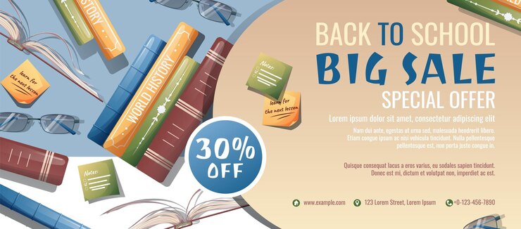 Vector plantilla de banner de descuento de regreso a la escuela cartel de volante de educación de conocimiento de aprendizaje con libros de texto papelería