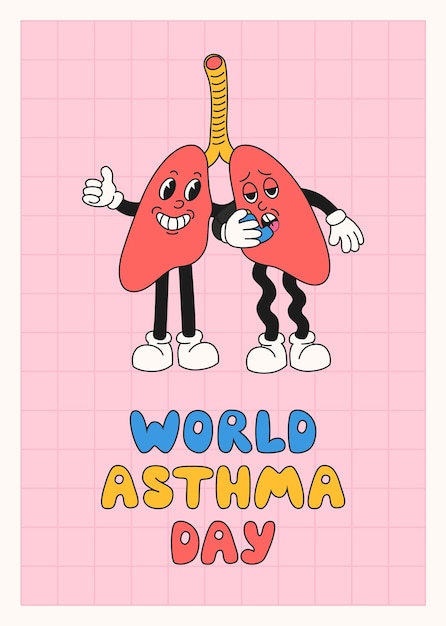 Plantilla de banner del Día Mundial de Concientización sobre el Asma con pulmones como personajes de dibujos animados retro con inhalador