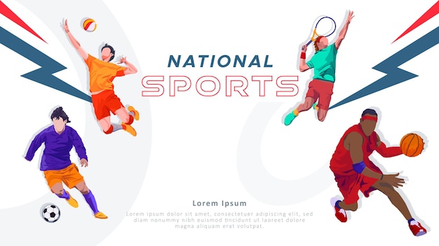 Plantilla de banner para el día nacional del deporte fútbol baloncesto tenis y fondo de voleibol