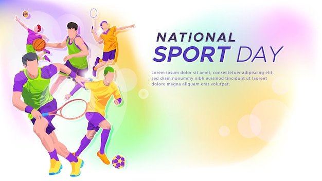 Vector plantilla de banner para el día nacional del deporte fútbol baloncesto tenis y fondo de voleibol