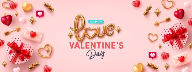 Vector plantilla de banner del día de san valentín con caja de regalo en forma de corazón texto dorado amor