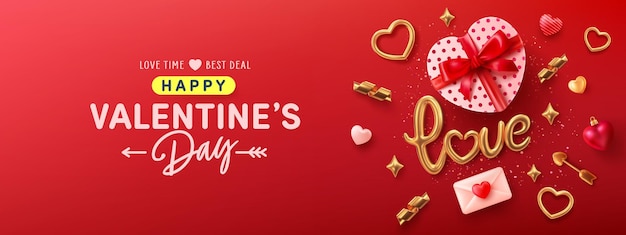 Vector plantilla de banner del día de san valentín con caja de regalo en forma de corazón texto dorado amor