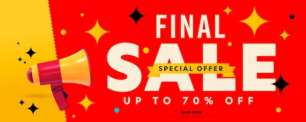 Plantilla de banner de encabezado de oferta especial de descuento de venta final última oportunidad de comprar ahora con publicidad al por mayor hasta un 70 por ciento de descuento en ahorro de dinero en compras en línea anuncio ilustración vectorial