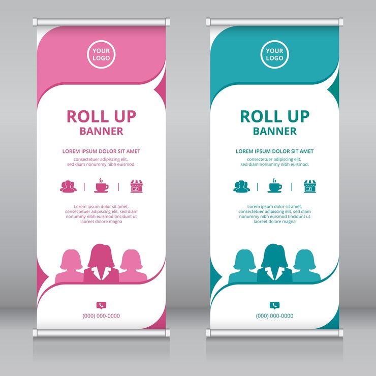 Plantilla de banner enrollable moderno con temática de empoderamiento de mujeres o mujeres de negocios