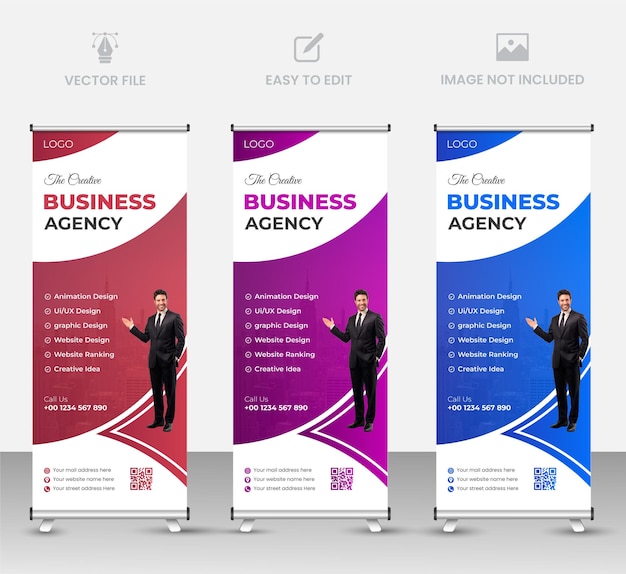 Plantilla de banner enrollable o de pie para agencia de negocios corporativos con diseño abstracto de 3 colores