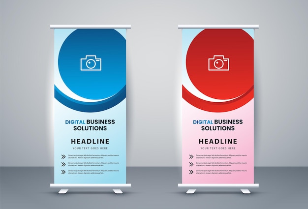 Plantilla de banner enrollable con soluciones de negocios digitales y título