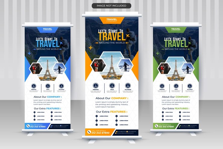 Plantilla de banner enrollable standee de viaje y viaje Vector Premium