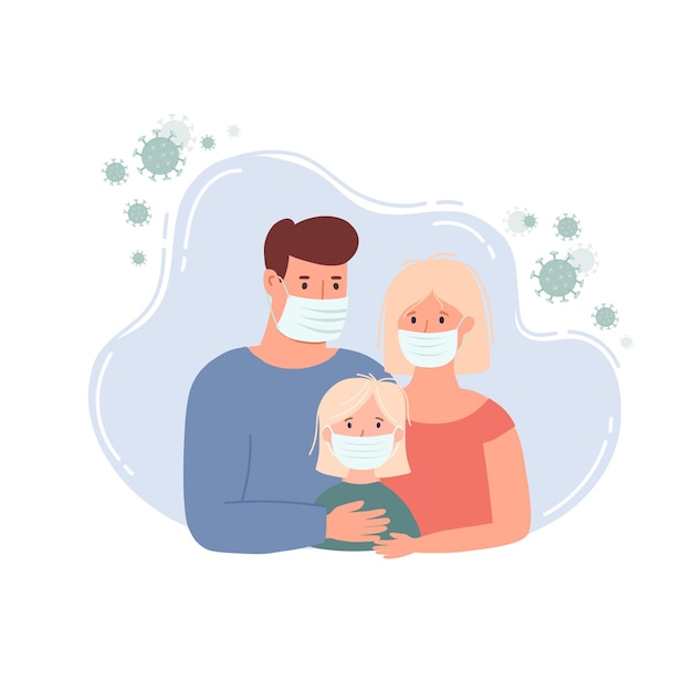 Plantilla de banner de estancia en casa. familia con máscara médica protectora para prevenir el virus Wuhan Covid-19. Ilustración de vector de coronavirus de Wuhan.