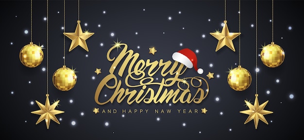 Plantilla de banner de feliz navidad y estrellas colgantes