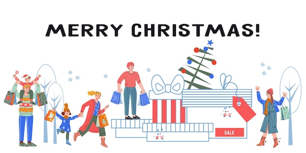 Plantilla de banner de feliz Navidad con personas comprar regalos vector plano aislado