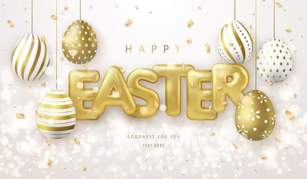 Plantilla de banner de feliz Pascua con huevos de Pascua de lujo dorados y letra de título de globo
