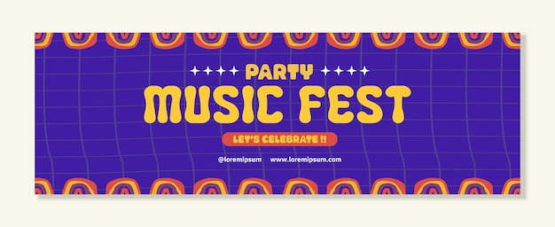 Vector plantilla de banner de festival de fiesta de música horizontal con formas abstractas planas retro de moda de los años 90