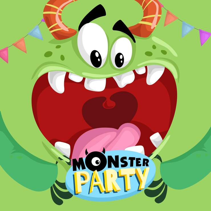 Vector plantilla de banner de fiesta monstruo con cara grande monstruo divertido saludo de feliz cumpleaños o plantilla de diseño de invitación para aniversario en estilo de dibujos animados ilustración vectorial