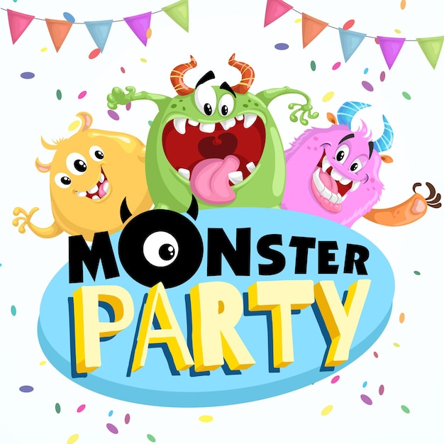 Plantilla de banner de fiesta de monstruos con monstruos divertidos Saludo de feliz cumpleaños o plantilla de diseño de invitación para aniversario en estilo de dibujos animados Ilustración vectorial
