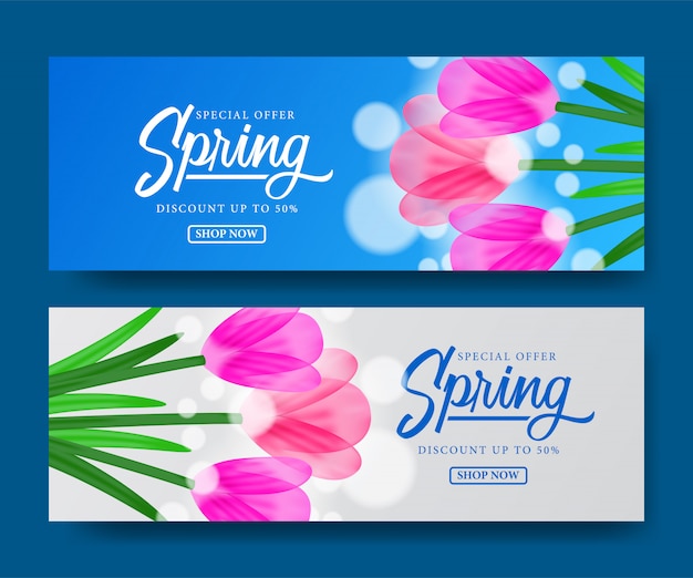 Vector plantilla de banner de flor de tulipanes para primavera