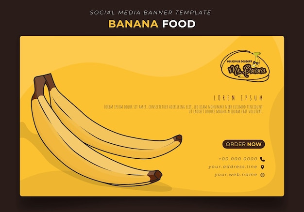 Plantilla de banner en fondo amarillo con plátano para diseño de publicidad de comida de plátano