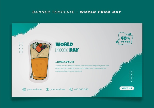 Plantilla de banner en fondo blanco verde y comida de kebab para el diseño del día mundial de la alimentación