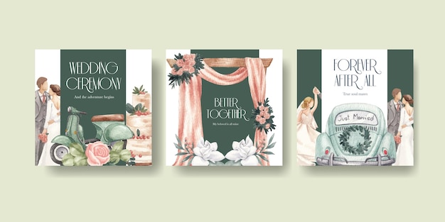 Plantilla de banner con hermoso concepto de boda verde estilo acuarela