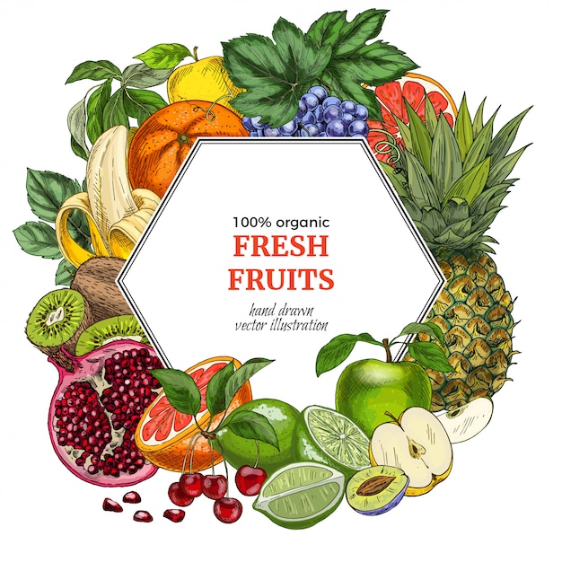 plantilla de banner hexagonal de frutas