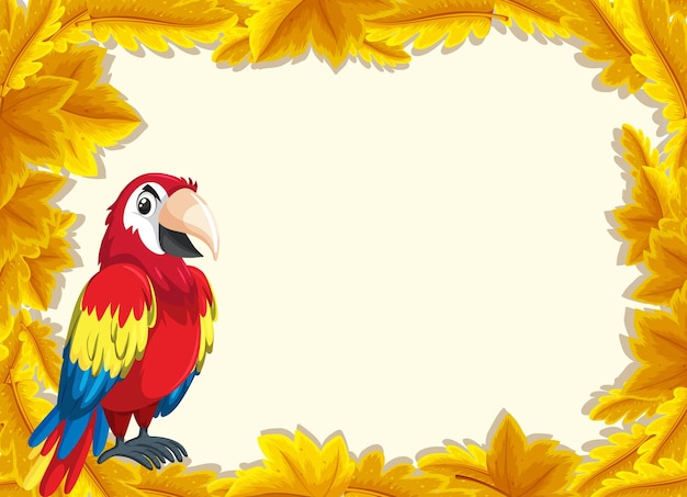 Plantilla de banner de hojas amarillas con personaje de dibujos animados de pájaro loro