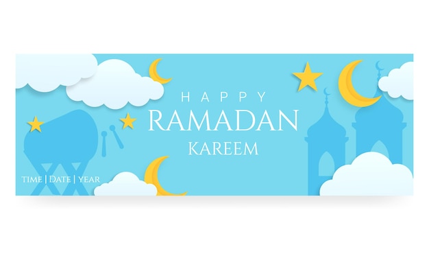 Plantilla de banner horizontal 3d ramadan kareem con nubes de luna y estrellas